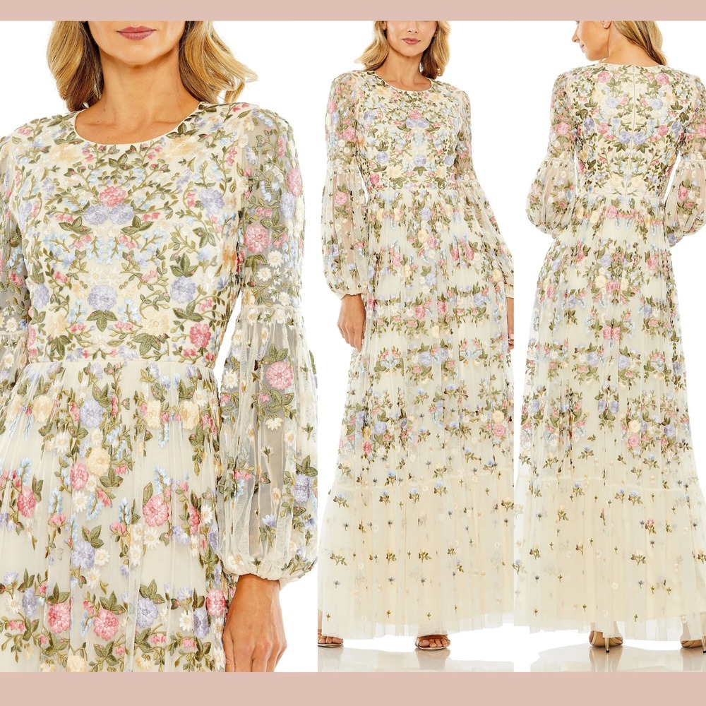 NWT Mac Duggal [ 24 ] 35161 Floral Embroidered Blouson Sleeve‎ Gown Ivory #S1967 - Picture 2 of 16